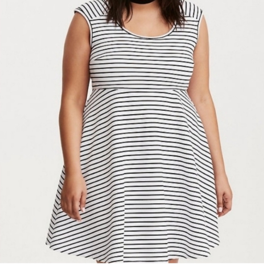 Torrid black white striped sleeveless open back fit and flare mini dress